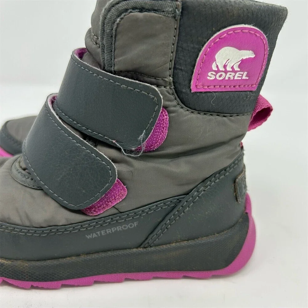 Sorel Kids Whitney II Strap Winter Snow Boots Gray Charcoal Purple Size 8